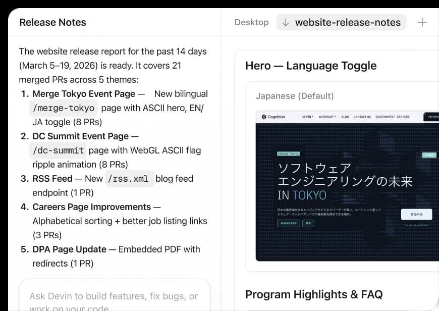Release notes and product UI maintained by Devin