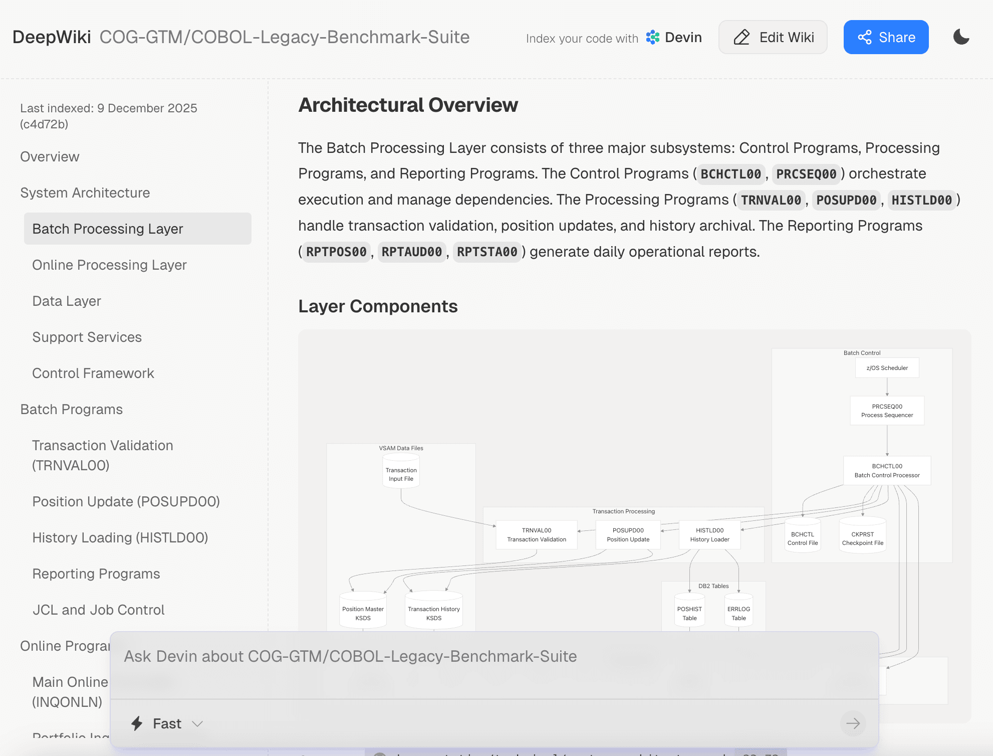 DeepWiki architectural overview of a COBOL legacy system