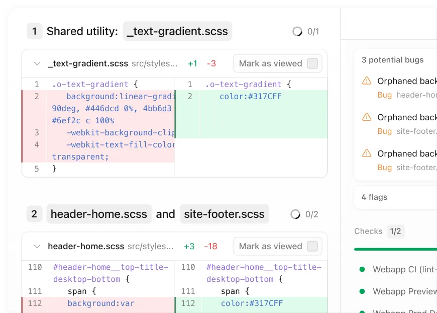 Devin organizing a code diff for pull request review
