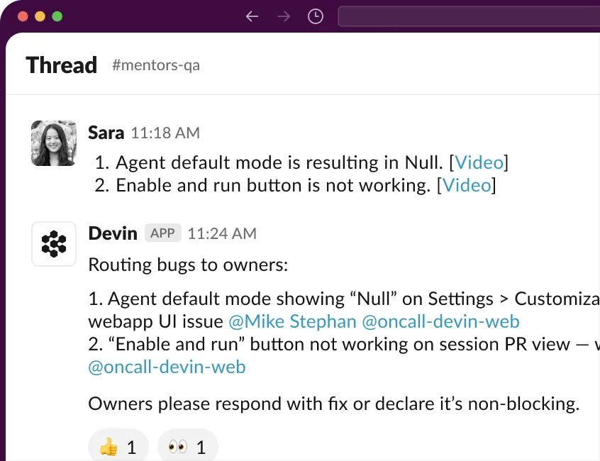 Slack thread with triaged bug reports