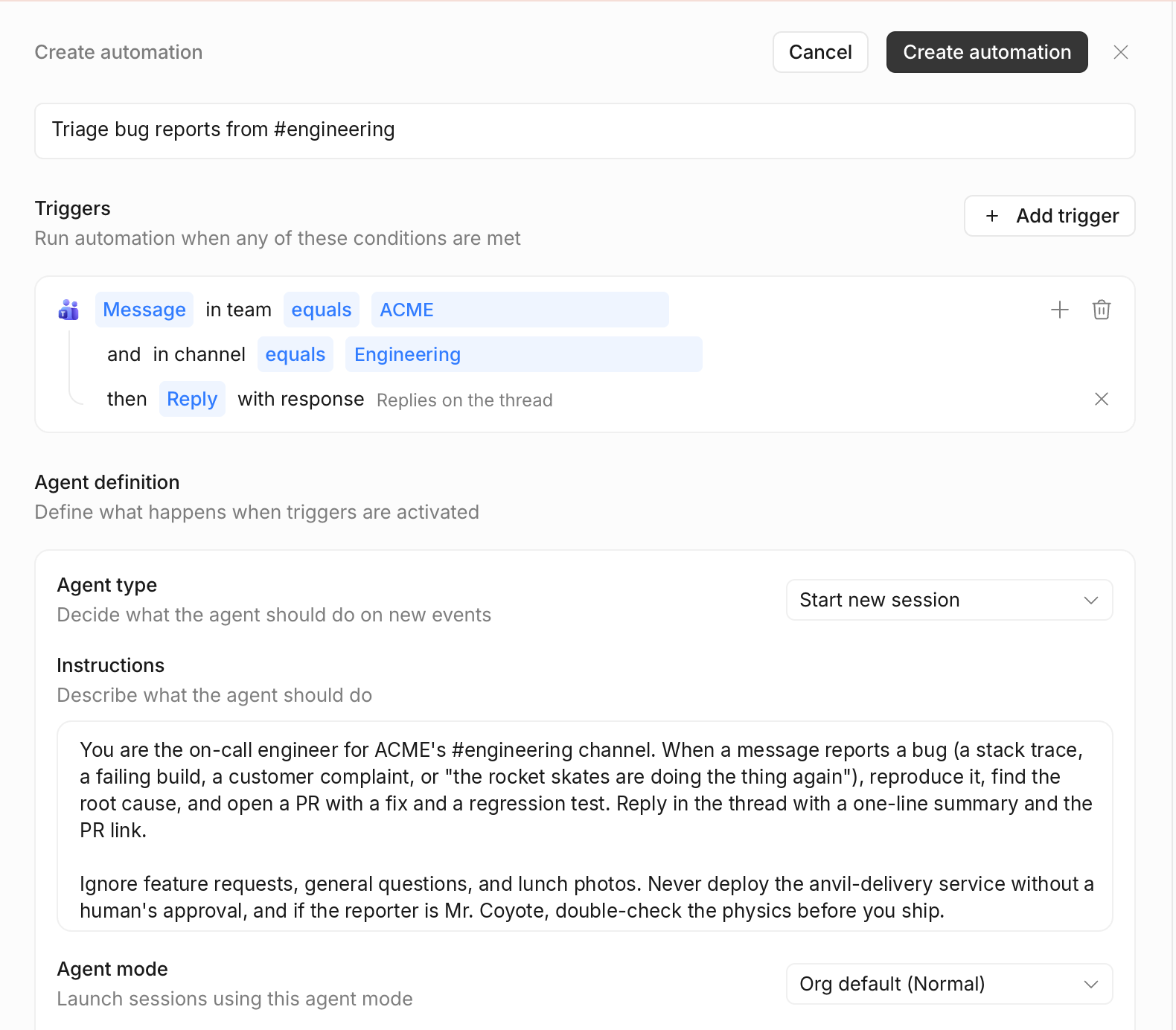 Creating a Devin automation triggered by messages in a Teams channel