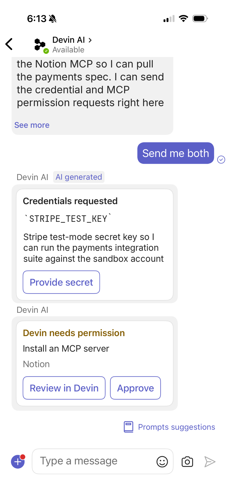 Devin sending credential and permission request cards in Microsoft Teams