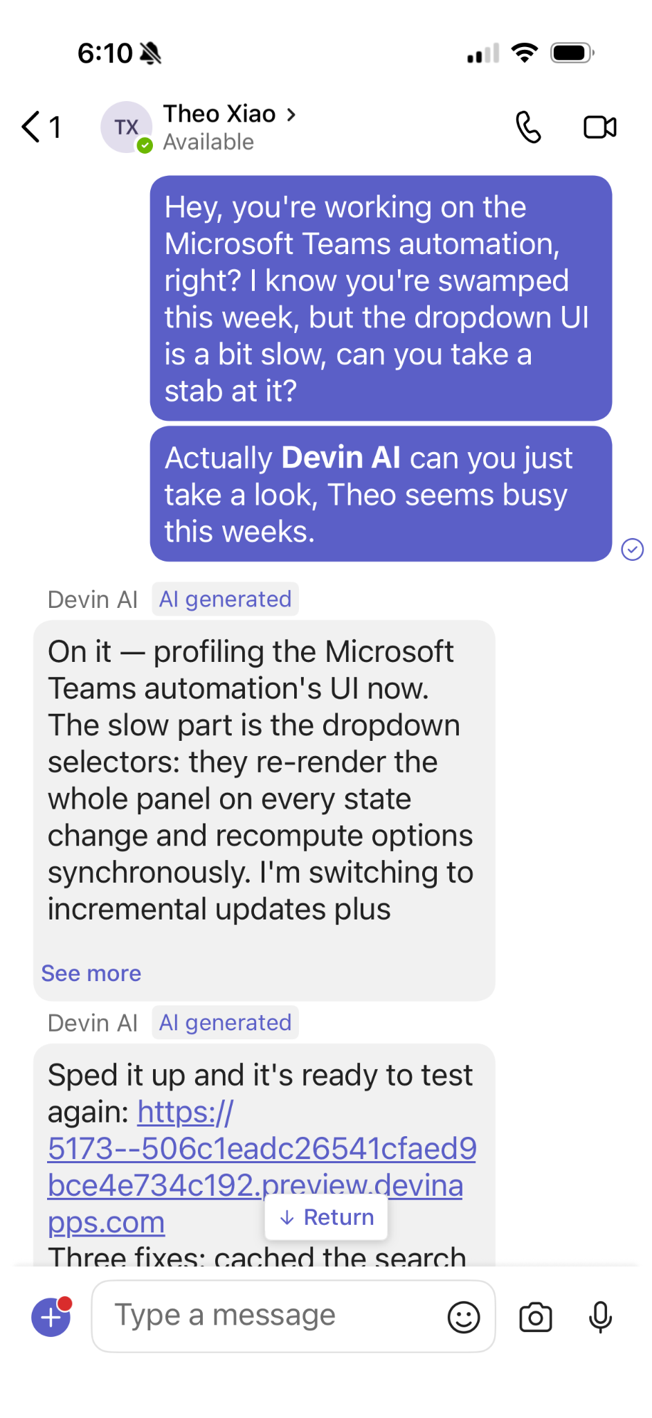 Devin replying to a direct message in Microsoft Teams