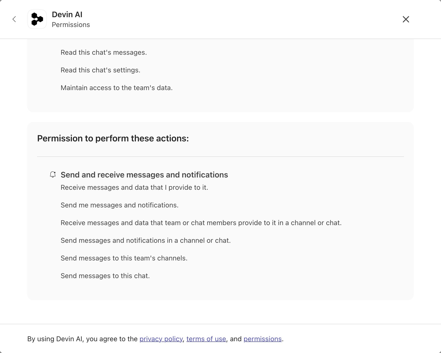 Microsoft Teams consent screen showing the actions Devin can perform