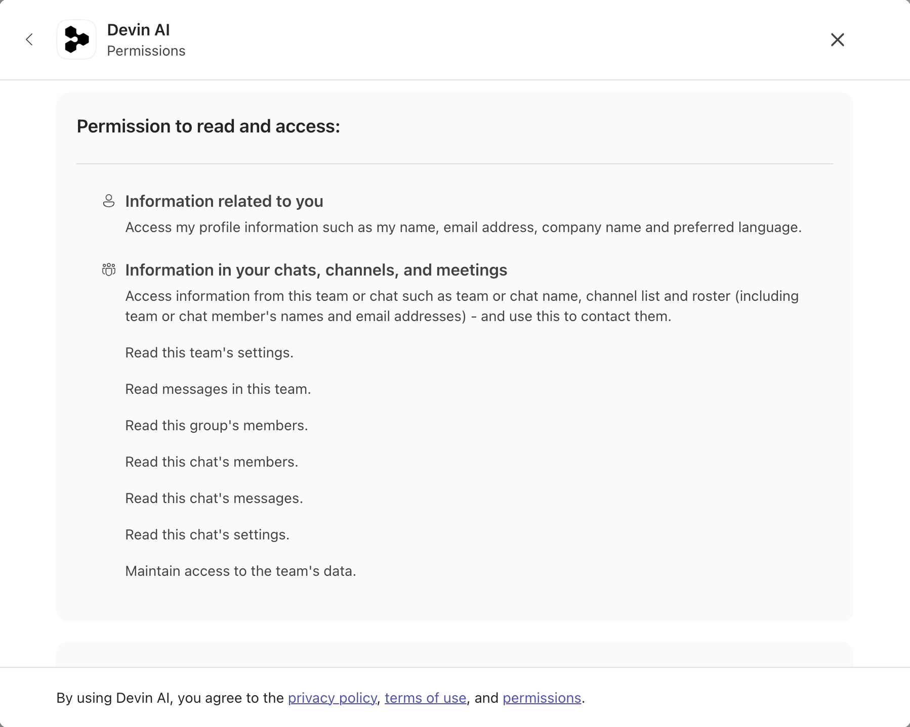 Microsoft Teams consent screen showing Devin's read permissions