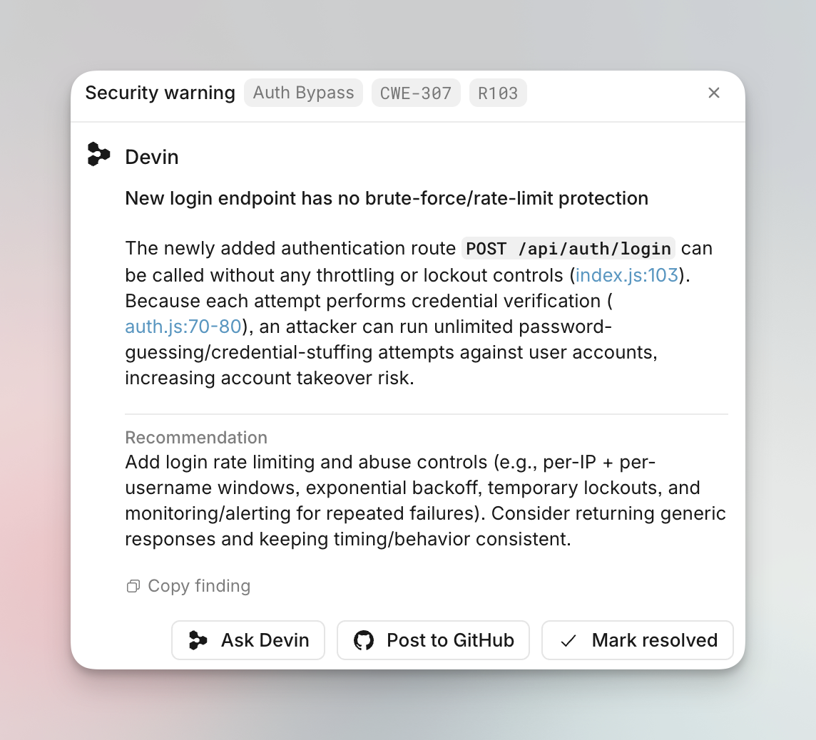 Security finding detail showing Auth Bypass / CWE-307 classification with explanation, recommendation, and action buttons