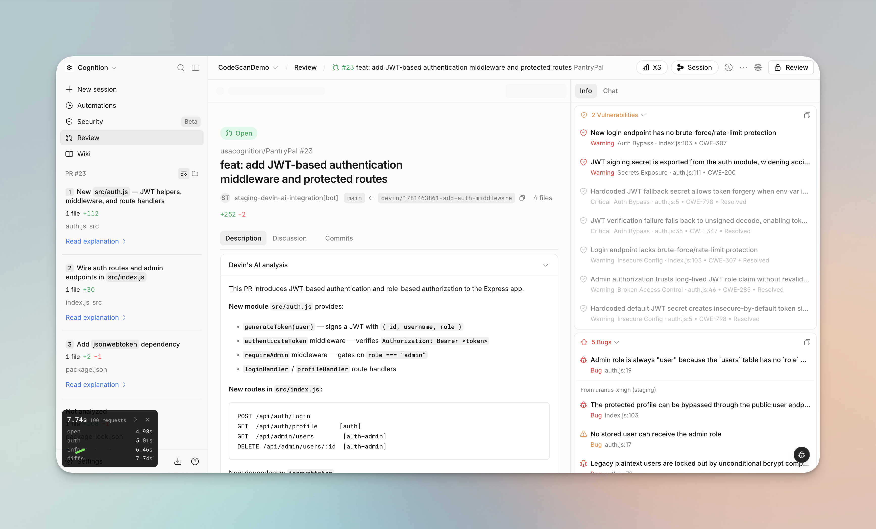 Full Devin Review UI showing vulnerabilities panel, bugs panel, and PR analysis
