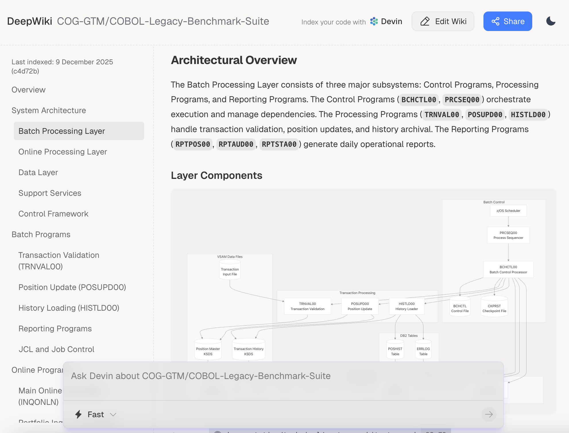 DeepWiki architectural overview of a COBOL legacy system